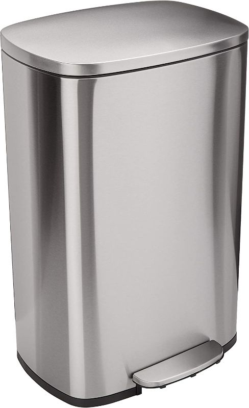 Photo 1 of Amazon Basics 50 Liter / 13.2 Gallon Soft-Close, Smudge Resistant Trash Can with Foot Pedal - Brushed Stainless Steel, Satin Nickel Finish
