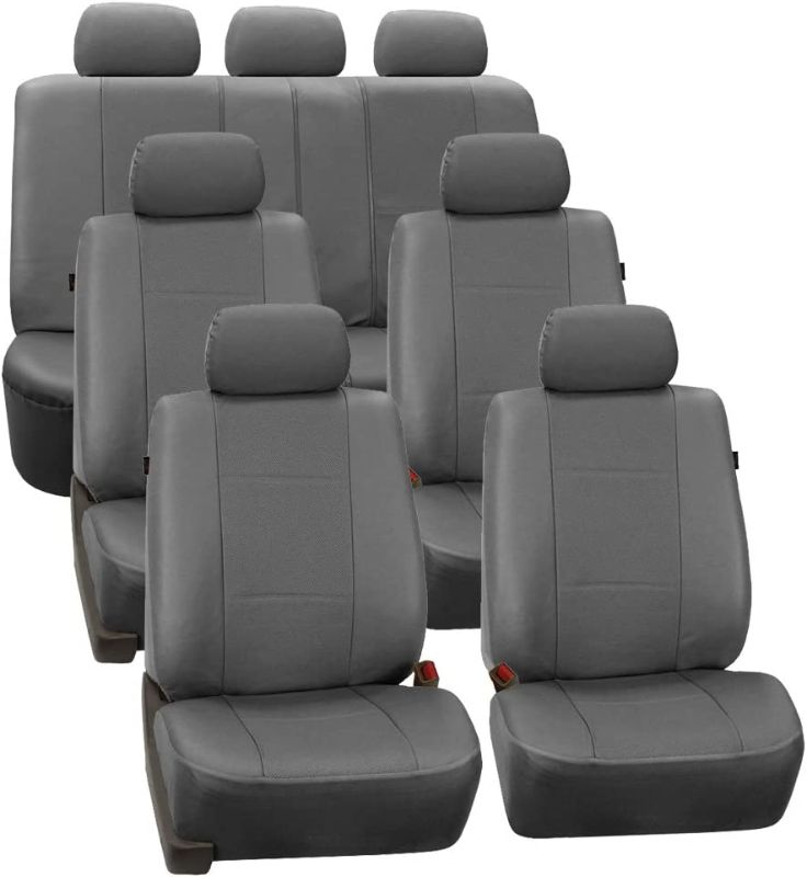 Photo 1 of FH Group Three Row Car Seat Covers Deluxe Leatherette with 7 Headrests, Airbag Compatible and Rear Split Bench– Universal Fit for Cars Trucks & SUVs (Gray) PU007217
