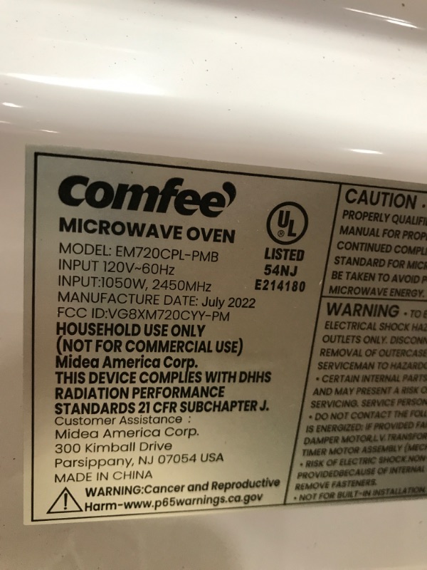 Photo 5 of COMFEE' EM720CPL-PMB Countertop Microwave Oven with Sound On/Off, ECO Mode and Easy One-Touch Buttons, 0.7cu.ft, 700W, Black
