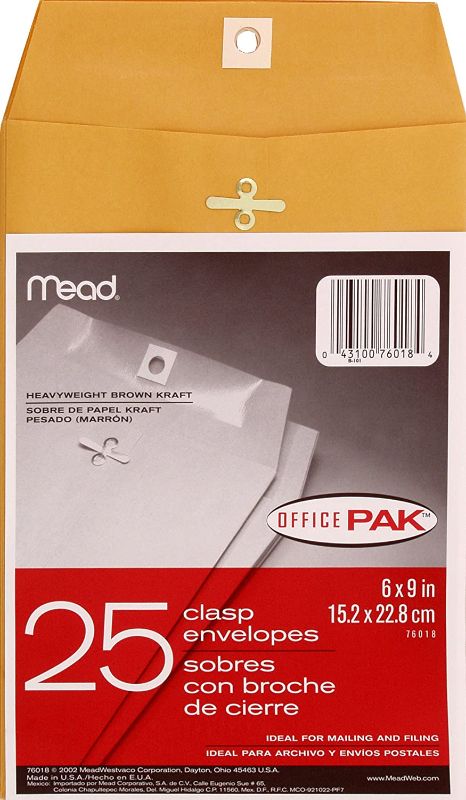 Photo 1 of Mead Letter Size Mailing Envelopes, Clasp Closure, All-Purpose 24-lb Paper, 6" X 9", Brown Kraft Material, 25/Pack (76018)