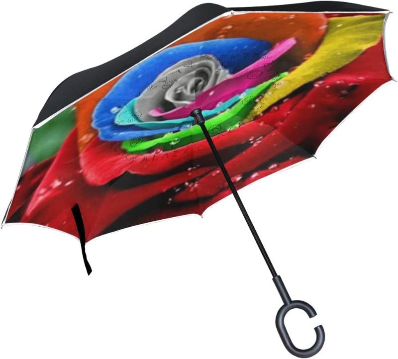 Photo 1 of hengpai Rainbow Rose Beautiful Petals Reverse Inverted Inside Out Umbrella Cars Unigue Windproof UV Proof Double Layer for Women
