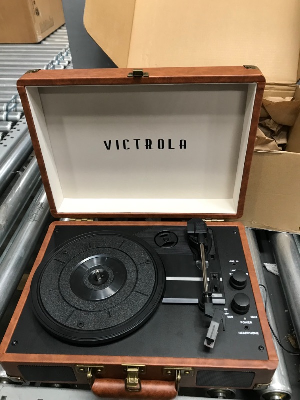 Photo 2 of Victrola Vintage 3-Speed Bluetooth Portable Suitcase Record Player with Built-in Speakers | Upgraded Turntable Audio Sound| Includes Extra Stylus | Brown Brown Record Player