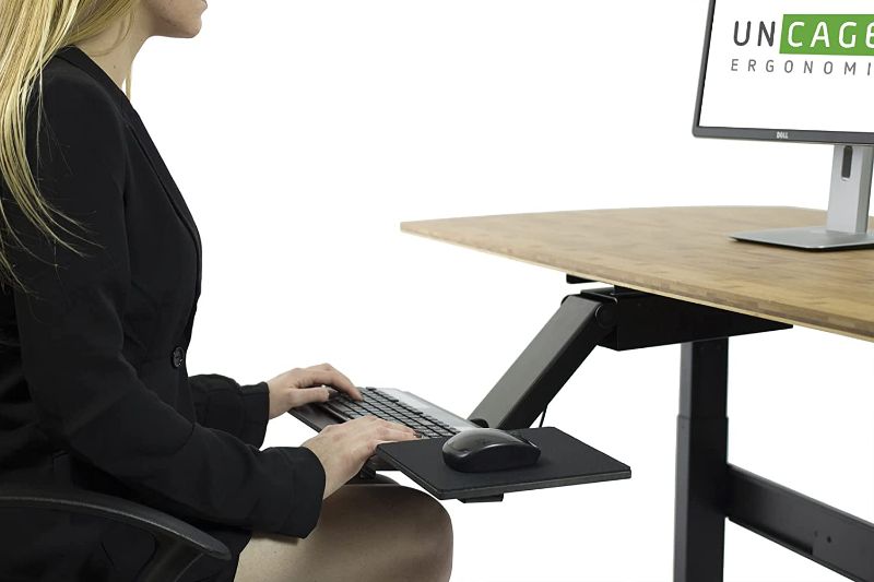 Photo 1 of KT2 Ergonomic Sit Stand Under-Desk Computer Keyboard Tray for Standing Desks accessories holder large adjustable height range angle negative tilt slide swivels 360 black
