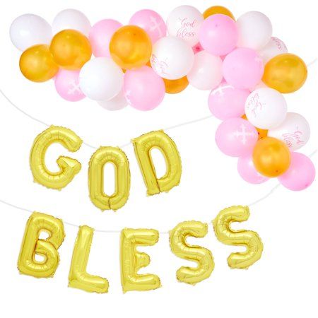 Photo 1 of 58 Pcs Set Metallic Gold God Bless Foil Balloons Banner Party for Girls Baptism Party Decorations First Communion 12-16 in.
