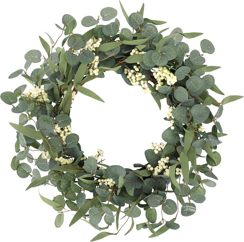 Photo 1 of CEWOR Artificial Eucalyptus Wreath for Front Door, Fall Wreath Green Leaf Wreath for Farmhouse Wall Decor Window Front Porch Patio Garden Decoration
