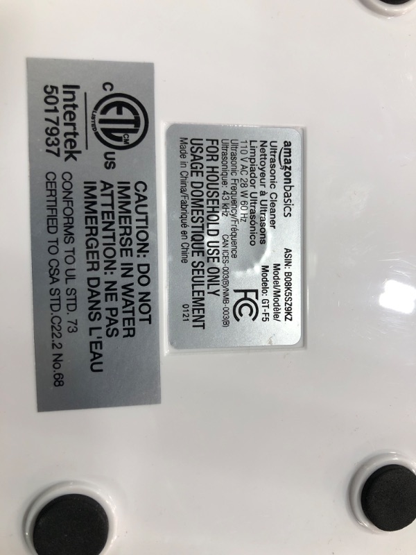 Photo 3 of *** USED *** **** TESTED DOES NOT POWER ON ****
Amazon Basics Ultrasonic Cleaner Cleaner with Digital Display, 5 Preset Cycles, 600ml - white, 110V