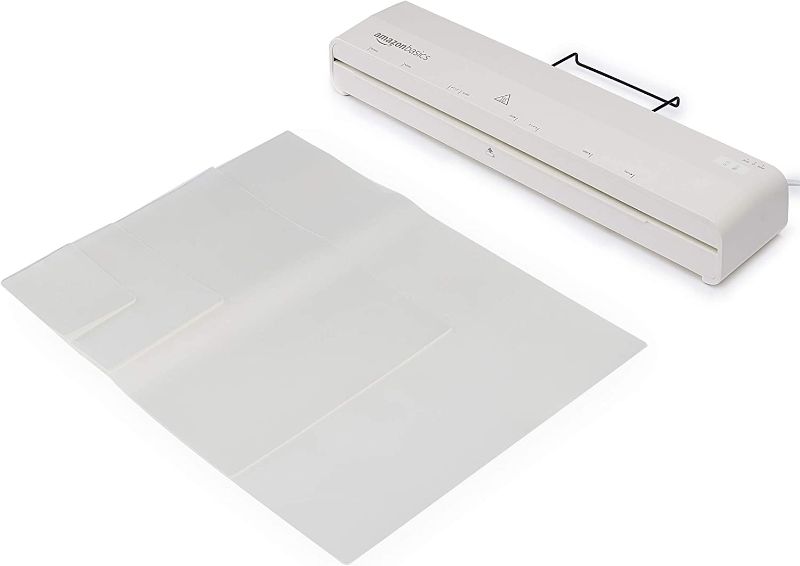 Photo 1 of Amazon Basics 12-Inch Thermal Laminator Machine with Rapid Warm-Up (1 min), 20 Assorted Laminating Pouches Included
