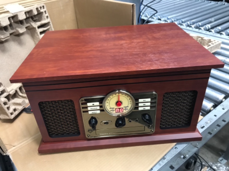 Photo 4 of Victrola Nostalgic 6-in-1 Bluetooth Record Player & Multimedia Center with Built-in Speakers - 3-Speed Turntable, CD & Cassette Player, FM Radio | Wireless Music Streaming | Mahogany Mahogany Entertainment Center