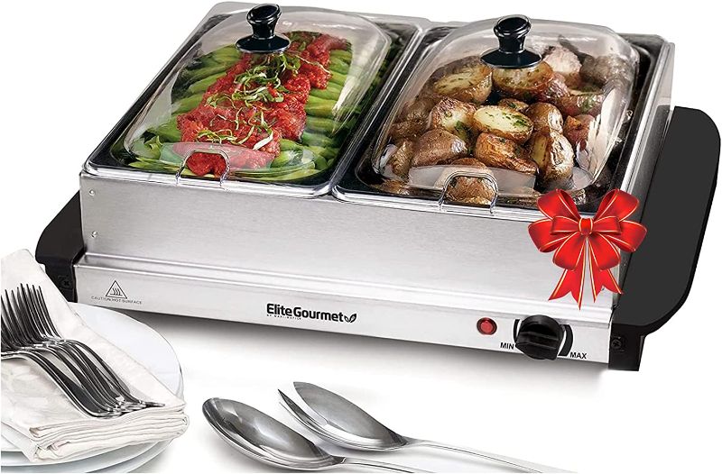 Photo 1 of Elite Gourmet EWM-6122 5 Quart Dual Buffet Server Food Warmer, Temperature Control, Clear Slotted Lids, Perfect for Parties, Entertaining & Holidays, 2 x 2.5Qt 5 x 17 x 18.5 inches

