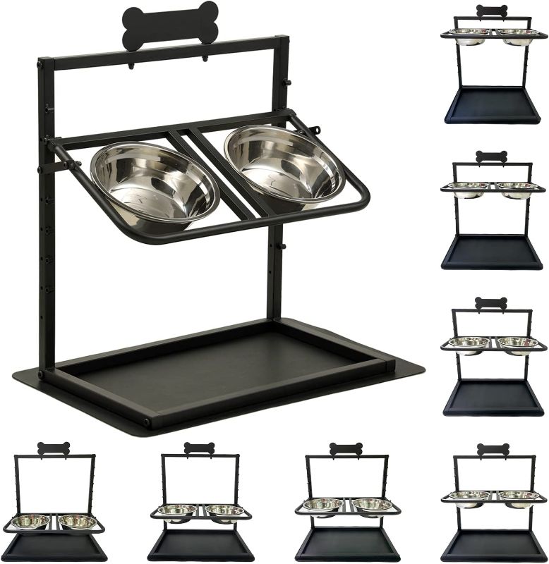 Photo 1 of Adjustable Elevated Dog Bowls, Raised Dog Food and Water Double Stainless Steel Bowl Stand for Small to Medium and Large Dogs, 7Heights and Tilts to 15°(Extra Including Nonslip Mat, Name Tag, Pen)
