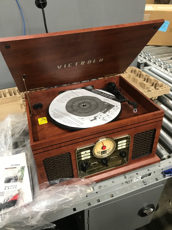 Photo 2 of Victrola Nostalgic 6-in-1 Bluetooth Record Player & Multimedia Center with Built-in Speakers - 3-Speed Turntable, CD & Cassette Player, FM Radio | Wireless Music Streaming | Mahogany
