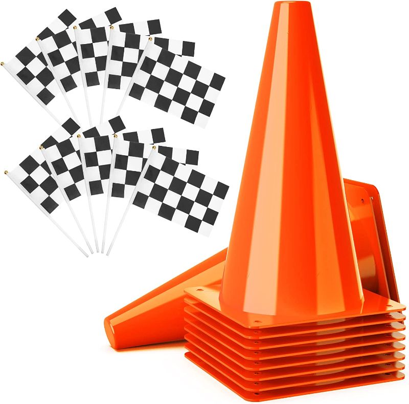 Photo 1 of 11 Inch Traffic Cones with Chequered Flags 10 Pack, Orange Cones Thick Soccer Training Cones