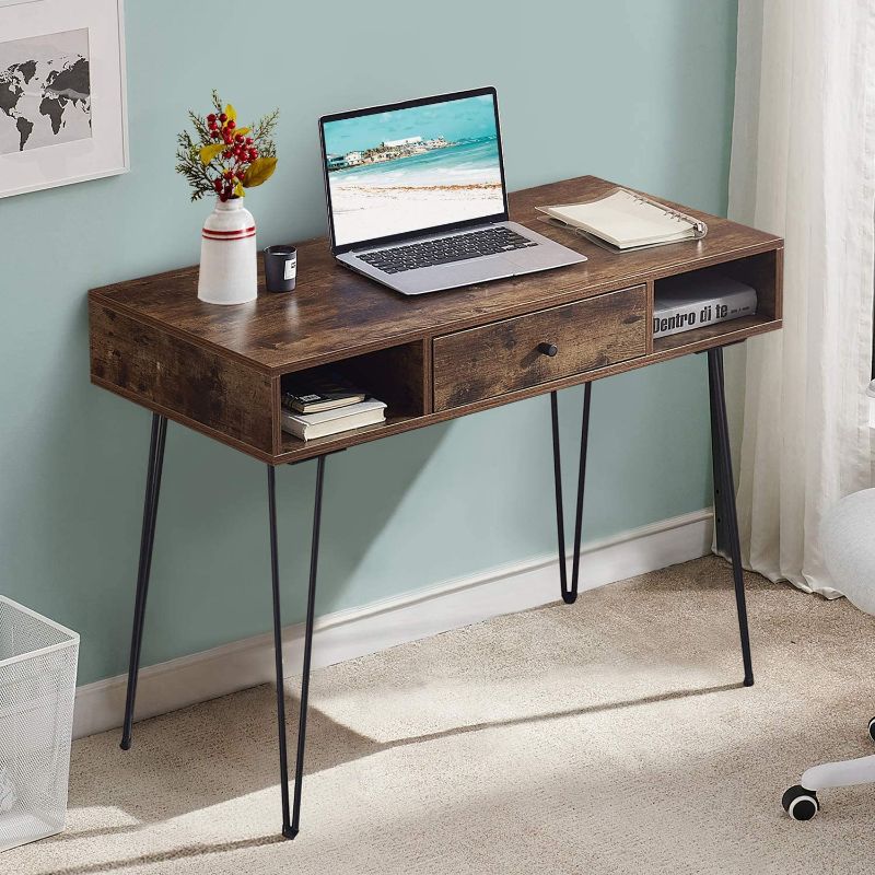 Photo 1 of VECELO 39.3" Home Office Computer Retro Brown Hairpin Leg Desk with Storage Drawer and Shelf, Anti-Scratch Design with Ample Space 18.9"×29.9"
