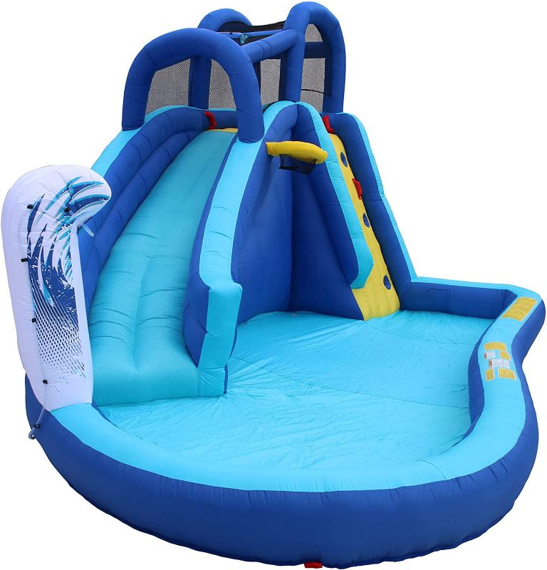 Photo 1 of BANZAI Surf N' Splash Water Park, Length: 14 ft 5 in, Width: 10 ft 7 in, Height: 7 ft 11 in, Inflatable Outdoor Backyard Water Slide Splash Bounce Climbing Toy
