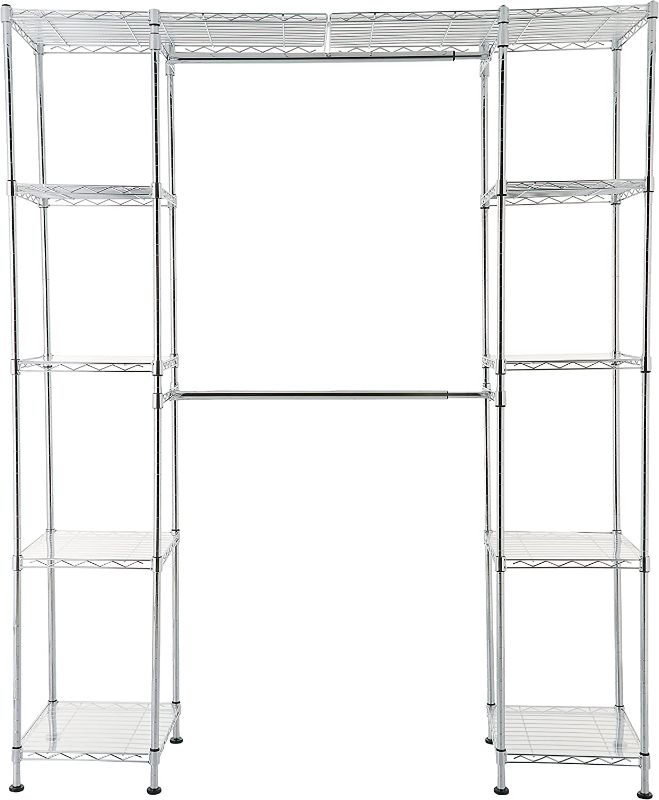 Photo 1 of Amazon Basics Expandable Metal Hanging Storage Organizer Rack Wardrobe with Shelves, 14"-63" x 58"-72", Chrome
