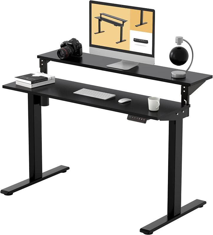 Photo 1 of 2 Tier Standing Desk with Shelf 48x24 Inches Electric Height Adjustable Desk with Memory Controller Gaming Desk Battle Station Desk Home Office Desk, Black Frame, Black Top
70