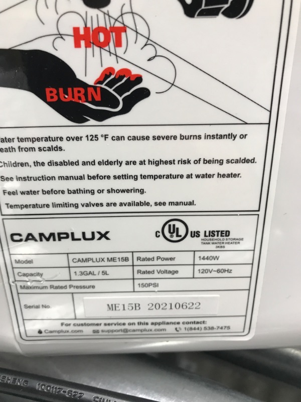 Photo 3 of *NONFUNCTIONAL* Camplux Mini Tank Electric Water Heater 1.3 Gallons Hot Water Heaters 120V, Under Sink Water Heater with Cord Plug 1.44kW