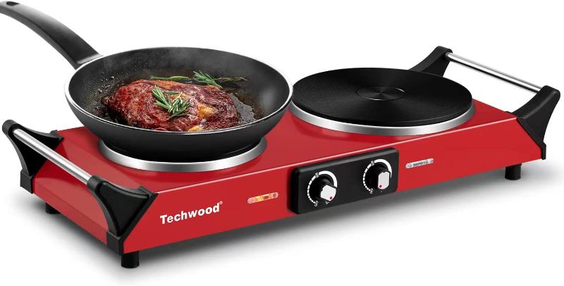 Photo 1 of Hot Plate, Techwood 1800W Portable Electric Stove for Cooking Countertop Dual Burner with Adjustable Temperature & Stay Cool Handles, 7.5” Cooktop for Home/RV/Camp, Compatible for All Cookware, Red
