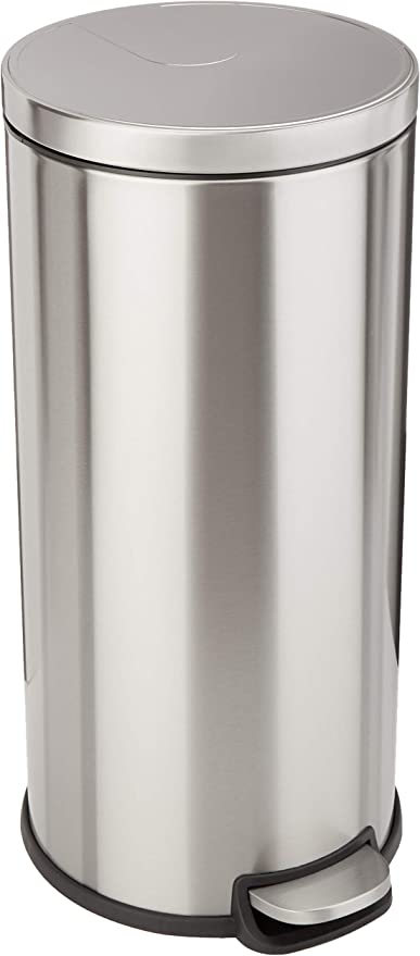 Photo 1 of ***Dented*** Amazon Basics 30 Liter / 7.9 Gallon Round Soft-Close Trash Can with Foot Pedal - Stainless Steel
