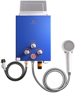 Photo 1 of Airthereal 6L 1.58GPM Outdoor Portable Propane Gas Tankless Water Heater, Instant Propane Water Heater, Overheating Protection, Use for Camping, RV and Pet Bath, Evenfall series, Blue
