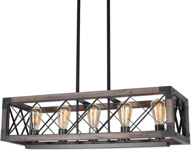 Photo 1 of Bizinlumin Farmhouse Rectangle Dining Room Chandelier Lighting, Wood Rustic Kitchen Island Light Fixture Metal Industrial Cage Pendant Light Linear Edison Billiard Light 5 Lights E26 BY19004
