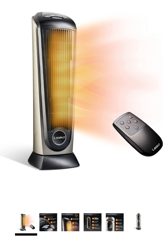 Photo 1 of Lasko Oscillating Ceramic Tower Space Heater for Home with Adjustable Thermostat, Timer and Remote Control, 22.5 Inches, Grey/Black, 1500W, 751320