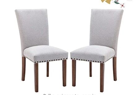 Photo 1 of COLAMY Upholstered Parsons Dining Chairs Set of 2, Fabric Dining Room Kitchen Side Chair with Nailhead Trim and Wood Legs - Light Grey,  Set of 2