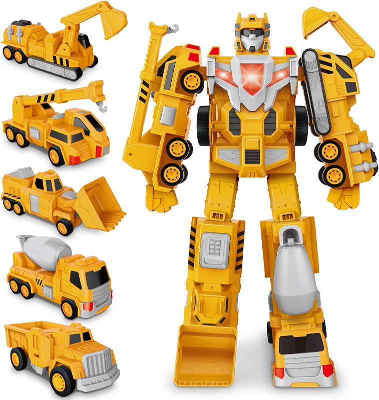 Photo 1 of Construction Toy Trucks for 3 4 5 6 Year Old Toddler Boy Kids, Magnetic Assemble Transform Robot Play Vehicles, 15.7 inch Action Figure, Pull Back Dump Cars Birthday Gift
