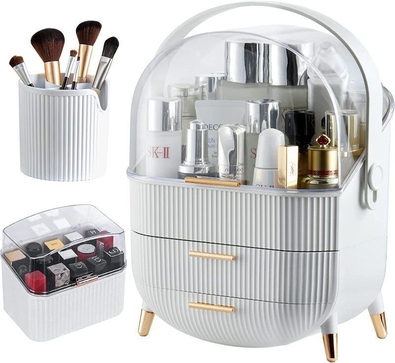 Photo 1 of CANITORON Makeup Storage Organizer,Cosmetics Display Case with Brush,Lipstick Organizer and Transparent Cover,SkinCare Organizers for Bathroom Countertop,Bedroom Vanity Desk and Travel -T3 White.
