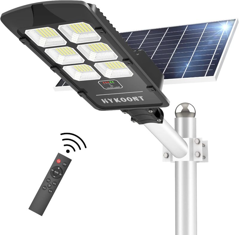 Photo 1 of **USED RETURN ITEM** HYKOONT 1000W Solar Street Lights Outdoor 60000 Lumens Dusk to Dawn Waterproof IP66 Motion Sensor Street Lights Solar Powered with Remote Control for Parking Lot, Stadium, Pathway
