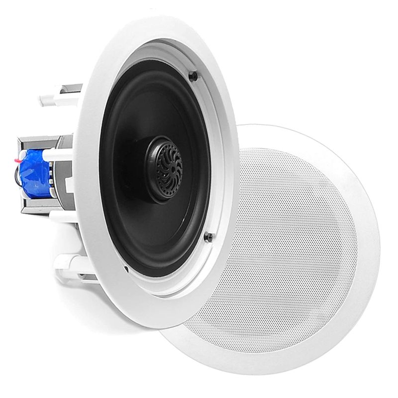 Photo 1 of 8” Ceiling Wall Mount Speakers - Pair of 2-Way Midbass Woofer Speaker 70v Transformer Directable 1” Titanium Dome Tweeter Design w/ 55Hz-22kHz Frequency Response & 300 Watts Peak - Pyle PDIC80T White
