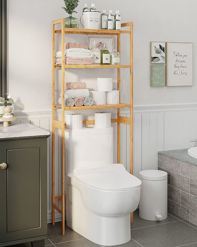 Photo 1 of AMBIRD Over The Toilet Storage, 3-Tier Bathroom Organizer Over Toilet with Sturdy Bamboo Shelves,Multifunctional Toilet Shelf,Easy to Assemble and Saver Space, 25 * 10 * 64 Inches (Original Color)
