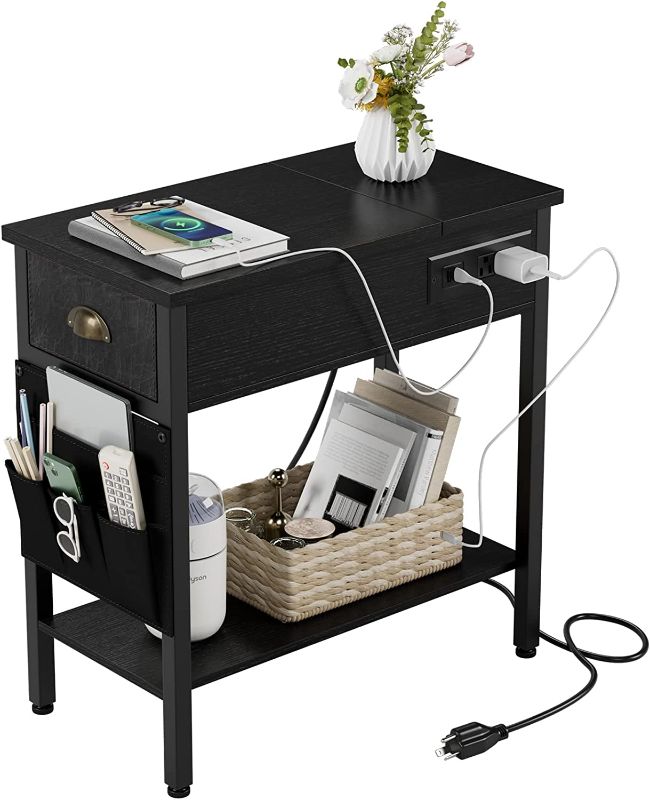 Photo 1 of IDEALHOUSE End Table with Charging Station, Side Table and Nightstand with USB Ports & Outlets, Narrow End Table with Drawer, Fabric Bag and Storage Shelf for Living Room, Bedroom-Black
