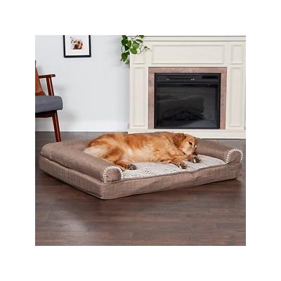 Photo 1 of FurHaven Luxe Fur & Performance Linen Orthopedic Sofa Cat & Dog Bed W/Removable Cover, Woodsmoke, Jumbo
