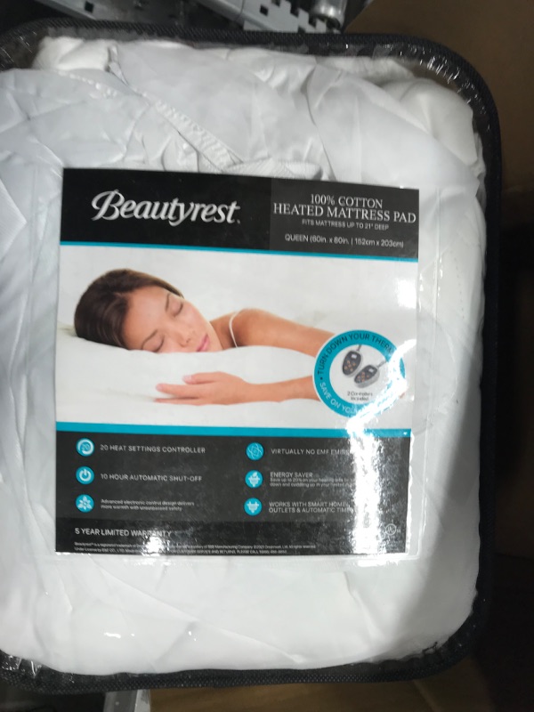 Photo 1 of Beautyrest 100% Cotton Heated Mattress Pad - Bed Warmer with 20 Heat Settings Controller, Auto Shut Off Timer, Deep All Around Elastic Pocket, UL Certified, Machine Washable, White Queen