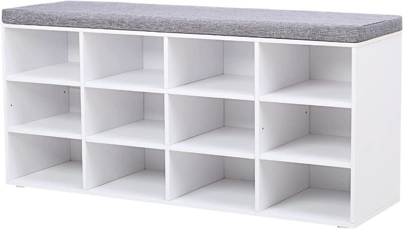 Photo 1 of DINZI LVJ Shoe Storage Bench with Cushion, Cubby Shoe Rack with 12 Cubbies, Adjustable Shelves, Multifunctional Shoe Organizer Bench for Entryway, Mudroom, Hallway, Closet and Garage, White
