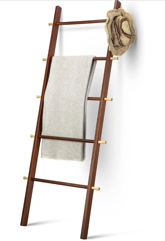 Photo 1 of 5 Ft Wooden Blanket Ladder - Quilt Ladder for Bedroom | Wood Ladder Decor | Decorative Ladder for Blankets - Easy to Assemble | Wooden Ladder for Blankets | Farmhouse Ladder Blanket Holder (Brown)