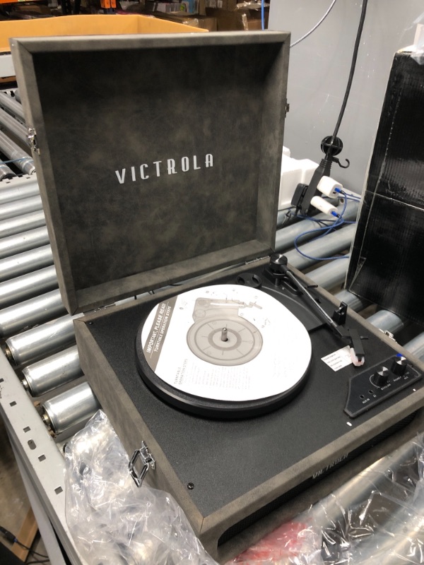 Photo 2 of **TESTED* Victrola Brooklyn Special Edition 3-in-1 Bluetooth Suitcase Record Player with 3-Speed Turntable Lambskin Grey