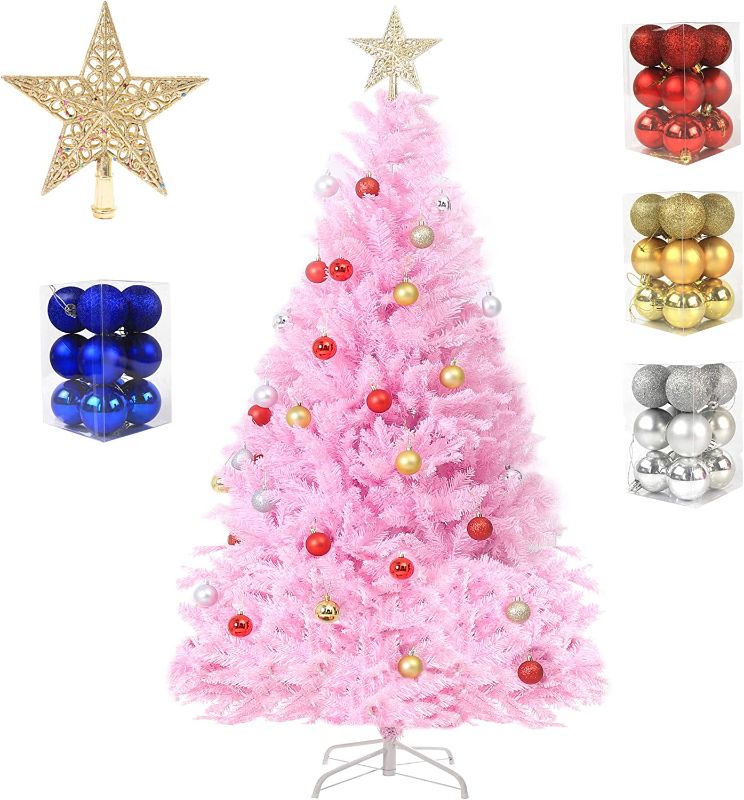 Photo 1 of 7ft Artificial Christmas Tree Lifelike Christmas Tree with Decorations and Solid Metal Stand arbol de Navidad Premium Hinged Spruce Full Tree (Pink, 7ft) 