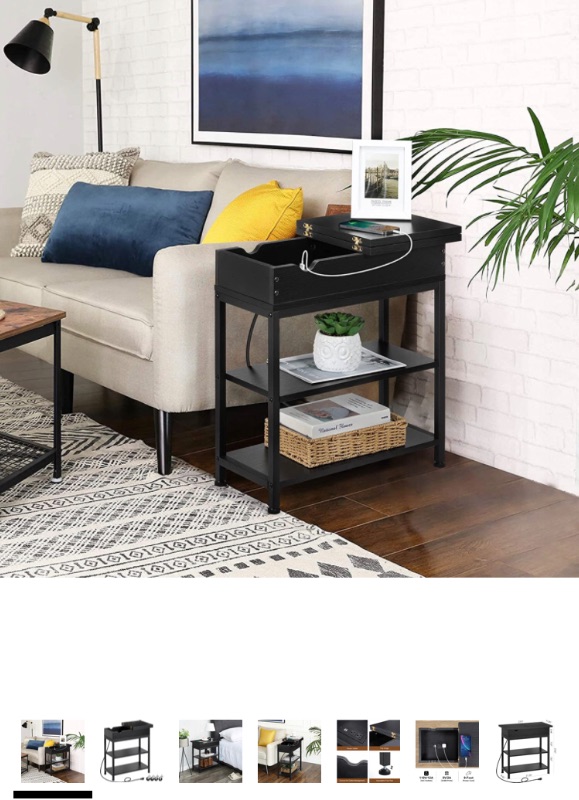 Photo 1 of End Table with Charging Station, Narrow Flip Top End Side Table with Storage Shelf and USB Ports & Power Outlets for Small Spaces, Bedside Nightstand Sofa Table for Bedroom, Living Room, Black