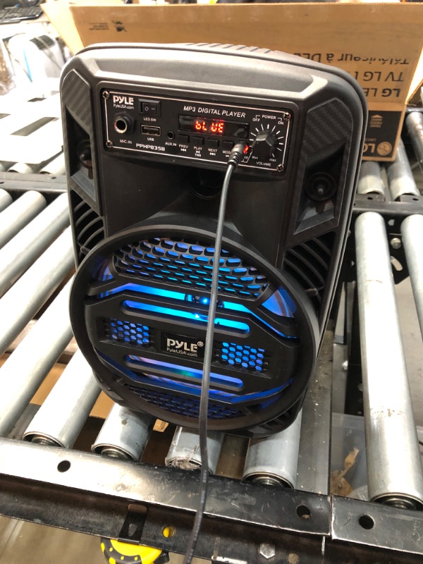 Photo 2 of Portable Bluetooth PA Speaker System - 300W Rechargeable Outdoor Bluetooth Speaker Portable PA System w/ 8” Subwoofer 1” Tweeter, Microphone In, Party Lights, MP3/USB, Radio, Remote - Pyle PPHP835B
