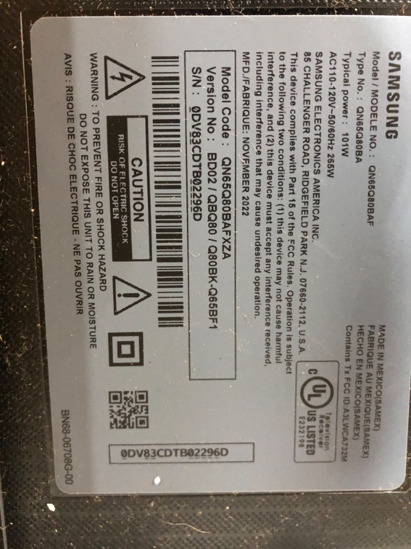 Photo 1 of SEE NOTES FOR DAMAGES/MISSING ITEMS***SAMSUNG 65-Inch Class QLED Q80B Series - 4K UHD Direct Full Array Quantum HDR 8X Smart TV with Xbox Game Pass and Alexa Built-in (QN65Q80BAFXZA, 2022 Model)
