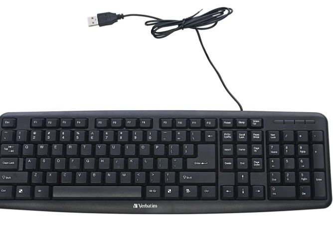 Photo 1 of Verbatim Slimline Full Size Wired Keyboard USB Plug-and-Play Compatible with PC, Laptop - Frustration Free Packaging Black
