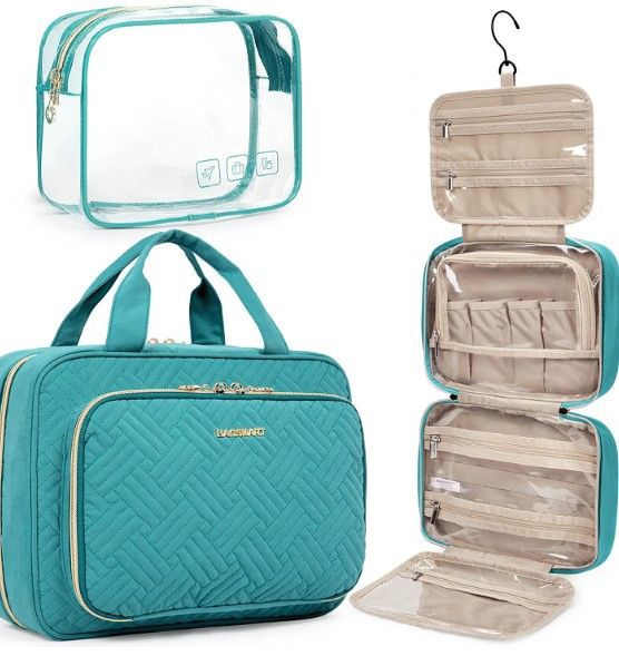 Photo 1 of BAGSMART Toiletry Bag Hanging Travel Makeup Organizer with TSA Approved Transparent Cosmetic Bag Makeup Bag for Full Sized Toiletries, Medium-Teal
