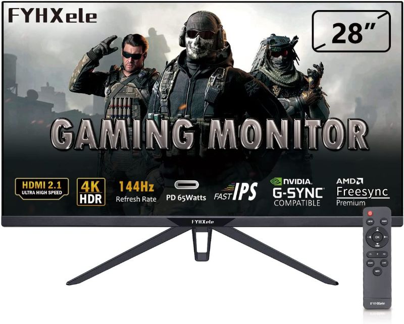 Photo 1 of FYHXele FYMN28U DSC Gaming Monitor 28" 4K 144Hz with Remote, UHD 3840x2160 IPS, 65W USB-C, 1ms, VESA Mount, Dual Speaker, Free-sync with 1xHDMI2.1, 1xHDMI2.0, Inputs 1xDisplayPort1.4, HDR400
