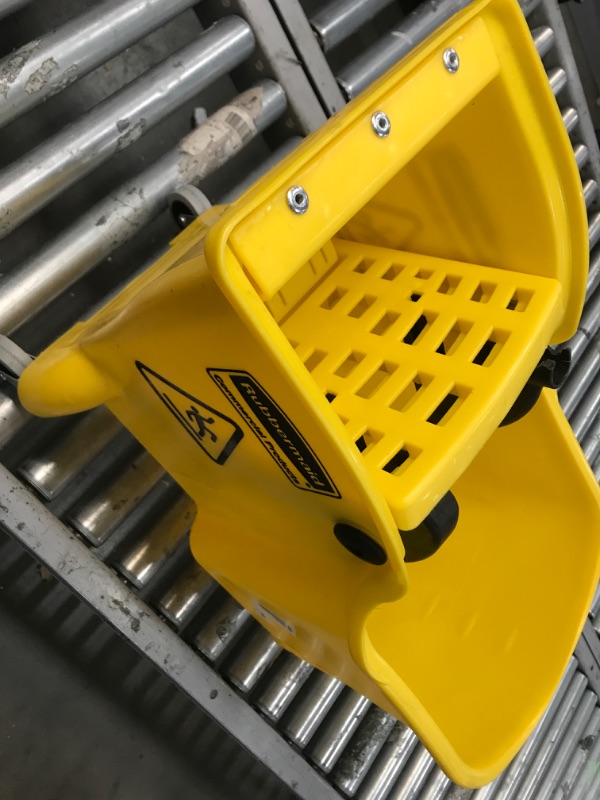Photo 3 of **MISSING HANDLE** Rubbermaid Commercial Products, Mop Bucket with Wringer on Wheels, Heavy Duty All-in-One Tandem Mopping Bucket, Yellow, 31 Quart (FG738000YEL) New Model