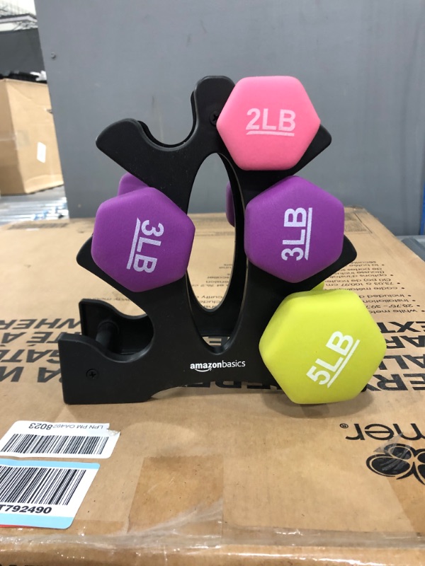 Photo 2 of Amazon Basics Neoprene Workout Dumbbell Multicolor 20-Pounds total - 3 Pairs (2-Lb, 3-Lb, 5-Lb) & Weight Rack Weight Set