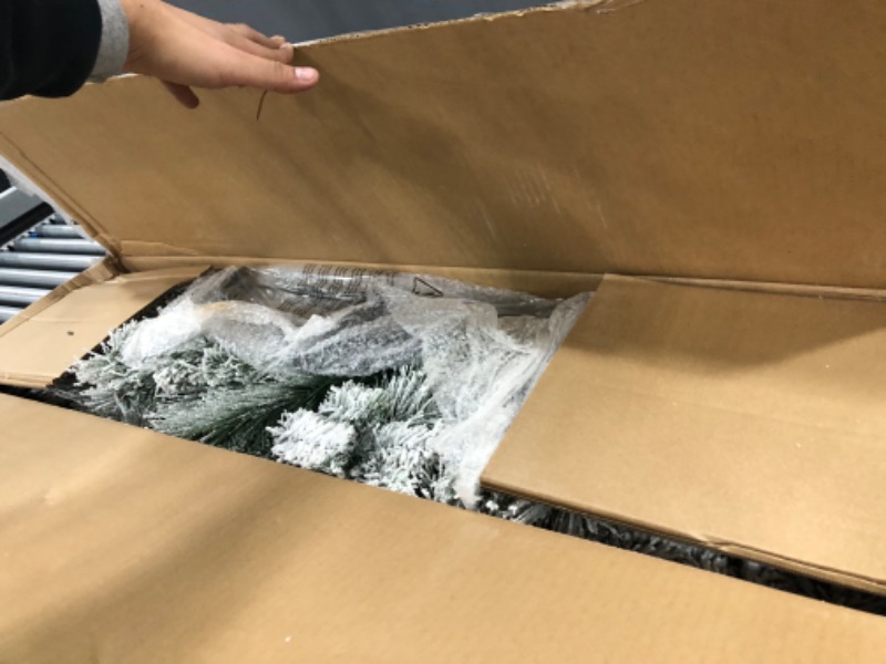 Photo 1 of Puleo International 6.5 Foot Pre-Lit Flocked Portland Pine Pencil Artificial Christmas Tree with 300 UL-Listed Clear Lights 6.5' Flocked Pencil Pine with 300 Clear Lights