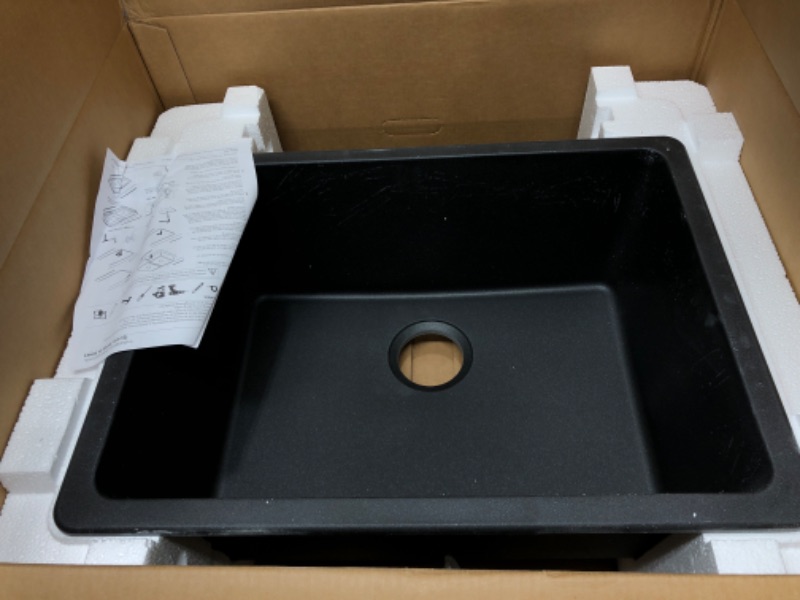 Photo 3 of Elkay Quartz Classic ELGU2522BK0C 24-5/8" x 18-1/2" x 9-1/2", Single Bowl Undermount Sink Kit, Black Black Sink + Bottom Grid + Drain