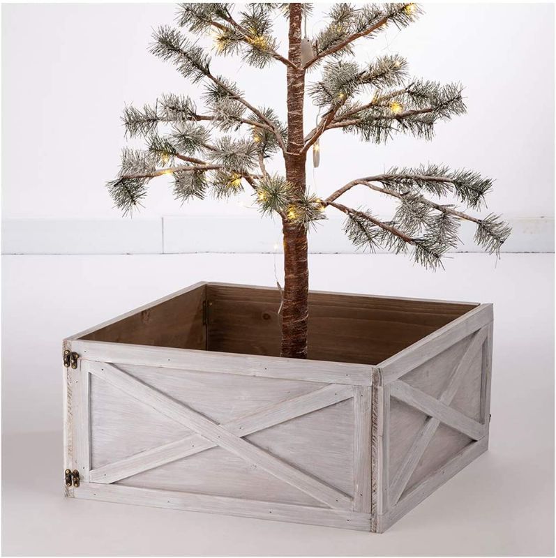 Photo 1 of Glitzhome Washed White Wooden Tree Collar Tree Stand Cover Christmas Tree Skirt Tree Box, 22" L
